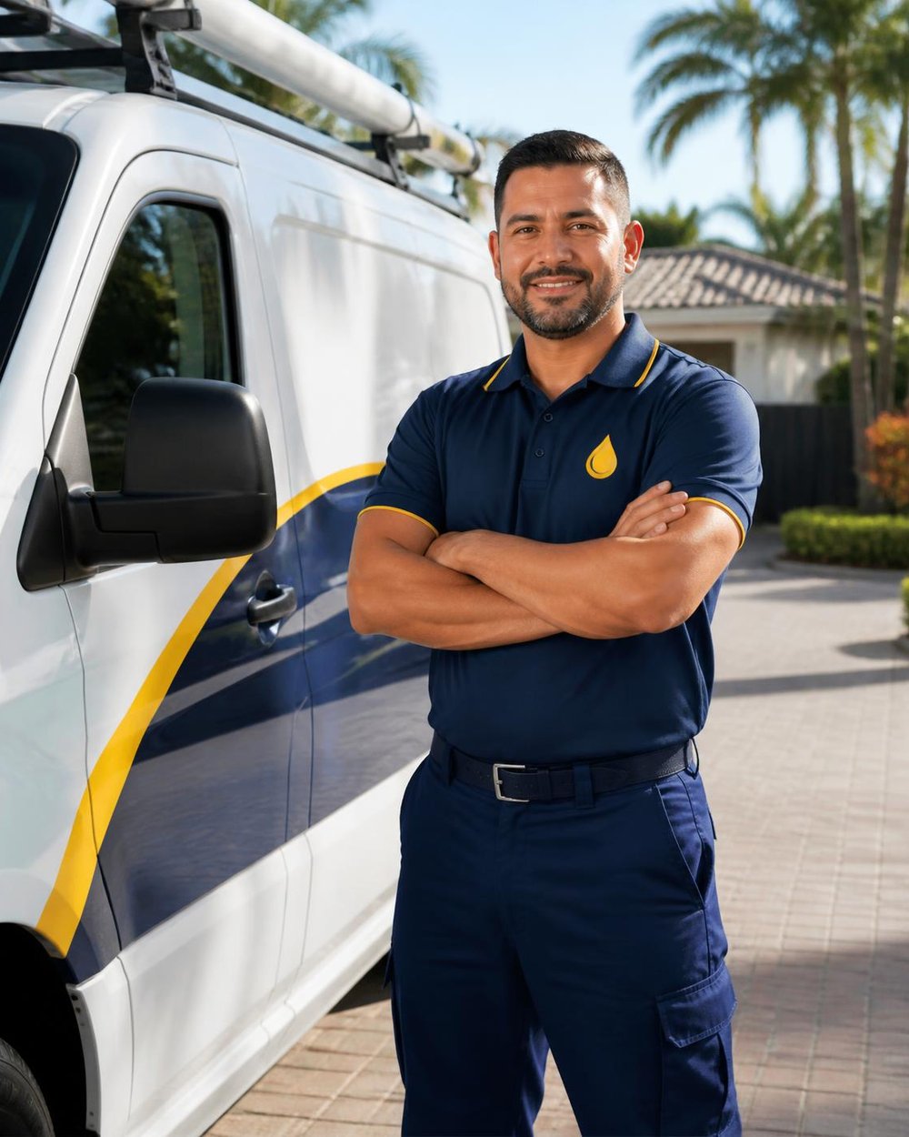 Clearline plumber Diego in uniform beside a Clearline service van