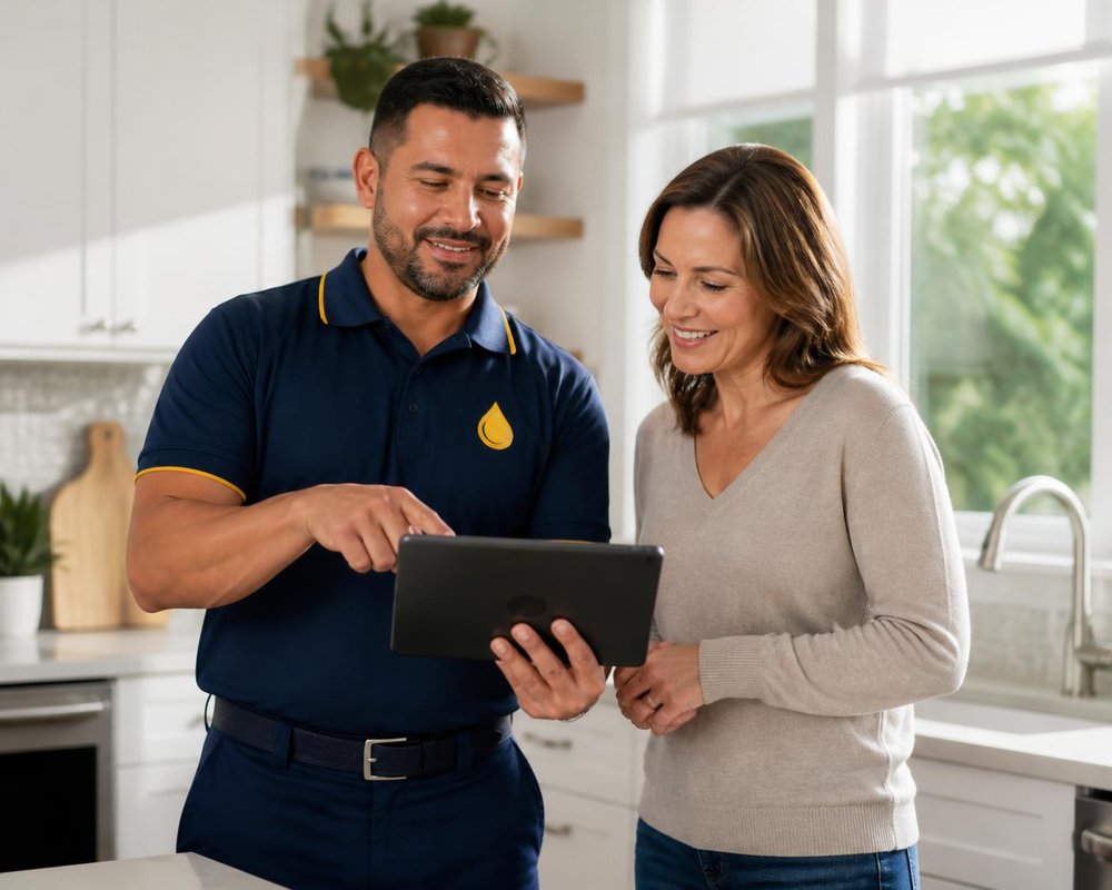 Clearline plumber showing a homeowner price options on a tablet